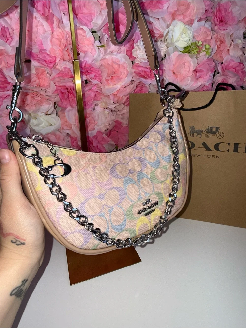 Coach Pastel Rainbow Signature Crescent Shoulder Bag - Pink/Beige